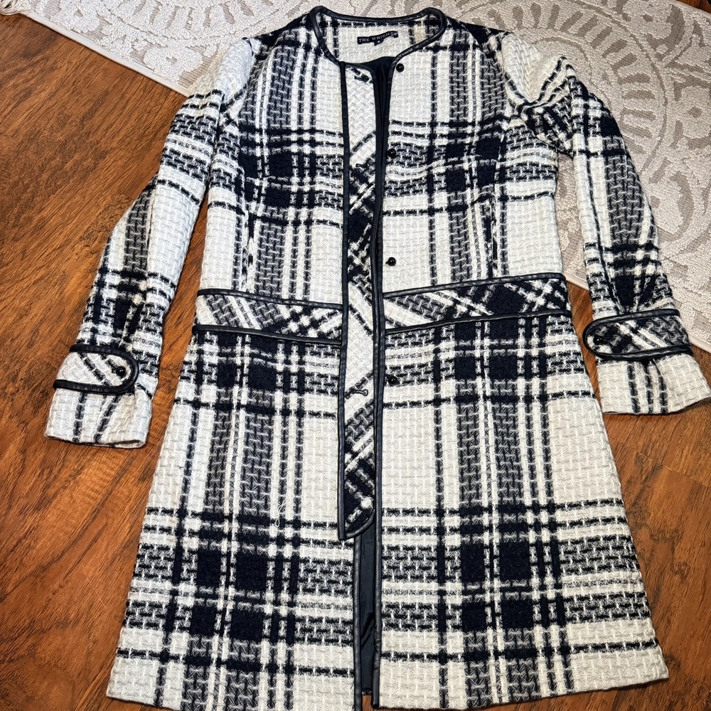 The Wrights Coat Women black white Plaid Leather Wool Trench Retro Vtg tweed